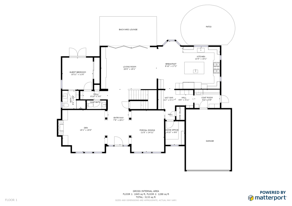 Black and white Matterport floor plan showing the layout of a residential home with labelled rooms.