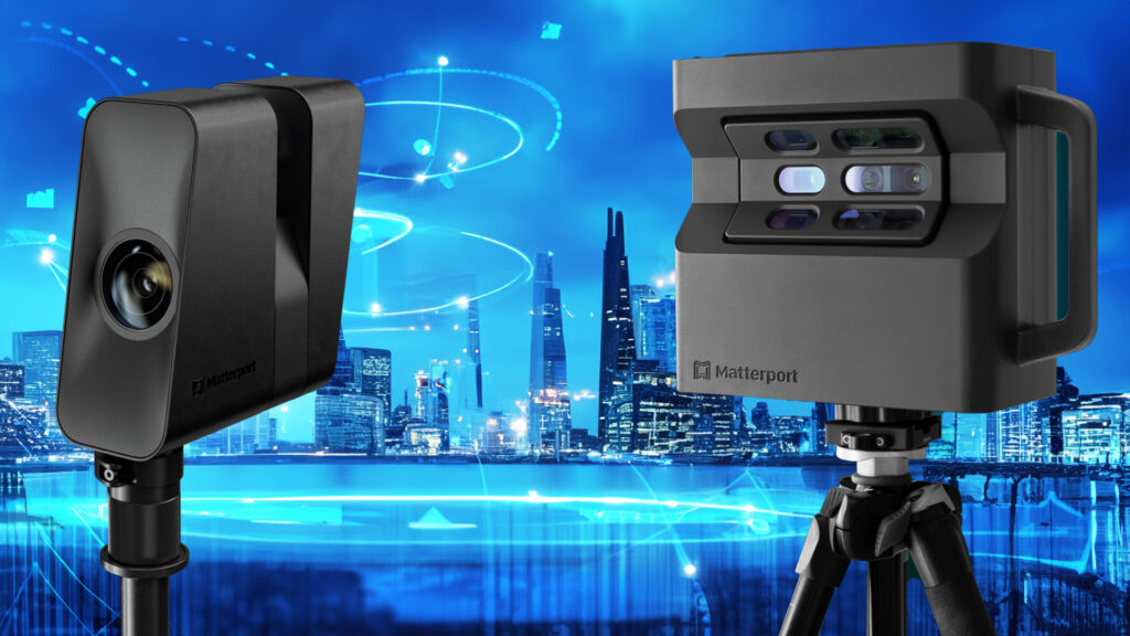 London skyline and River Thames with swirling point cloud data and Matterport Pro2 and Pro3 cameras