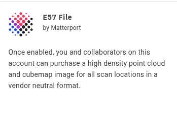 E57 file icon with description of high-density point cloud and cubemap export in vendor-neutral format