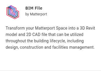BIM file icon and description showing Matterport’s support for 3D Revit and 2D CAD file exports